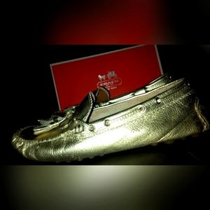 Authentic: COACH ~ Gold Metallic Leather, Tasseled, Driving Moccasins Size 10 